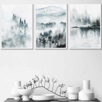 Artze Wall Art Set Of 3 Teal Blue Abstract Forest Lake Wall Art Prints / 42X59Cm (A2) / White Frame from B&Q