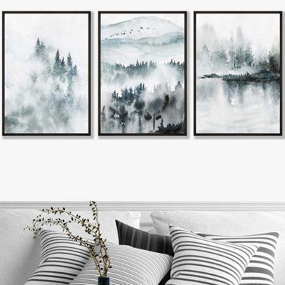 Artze Wall Art Set Of 3 Teal Blue Abstract Forest Lake Wall Art Prints / 50X70Cm / Black Frame from B&Q