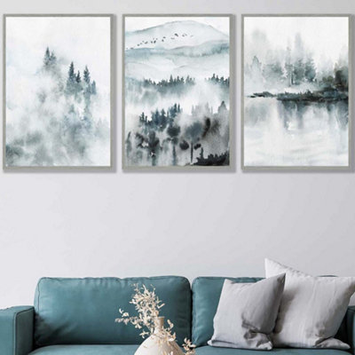 Artze Wall Art Set Of 3 Teal Blue Abstract Forest Lake Wall Art Prints / 50X70Cm / Light Grey Frame from B&Q