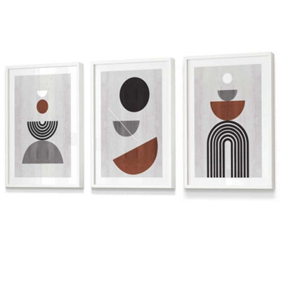 Artze Wall Art Set Of 3 Black Grey Terracotta Abstract Mid Century Geometric Wall Art Prints / 30X42Cm (A3) / White Frame from B&Q