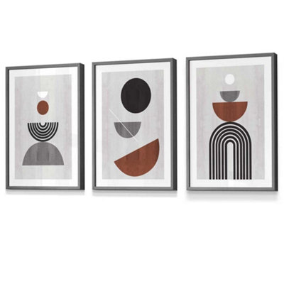 Artze Wall Art Set Of 3 Black Grey Terracotta Abstract Mid Century Geometric Wall Art Prints / 30X42Cm (A3) / Dark Grey Frame from B&Q