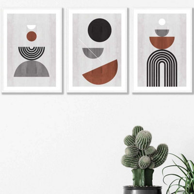 Artze Wall Art Set Of 3 Black Grey Terracotta Abstract Mid Century Geometric Wall Art Prints / 42X59Cm (A2) / White Frame from B&Q