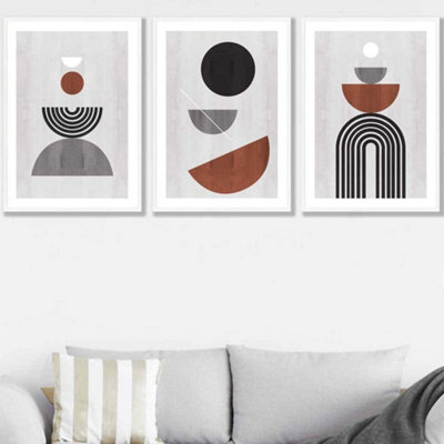 Artze Wall Art Set Of 3 Black Grey Terracotta Abstract Mid Century Geometric Wall Art Prints / 50X70Cm / White Frame from B&Q