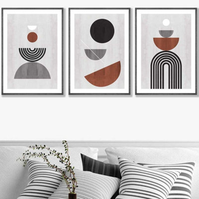 Artze Wall Art Set Of 3 Black Grey Terracotta Abstract Mid Century Geometric Wall Art Prints / 50X70Cm / Dark Grey Frame from B&Q