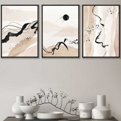 Artze Wall Art Set Of 3 Beige Black Abstract Mountain Contours Wall Art Prints / 30X42Cm (A3) / Black Frame from B&Q