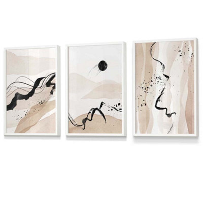 Artze Wall Art Set Of 3 Beige Black Abstract Mountain Contours Wall Art Prints / 30X42Cm (A3) / White Frame from B&Q