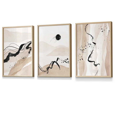 Artze Wall Art Set Of 3 Beige Black Abstract Mountain Contours Wall Art Prints / 30X42Cm (A3) / Oak Frame from B&Q
