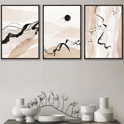 Artze Wall Art Set Of 3 Beige Black Abstract Mountain Contours Wall Art Prints / 42X59Cm (A2) / Black Frame from B&Q