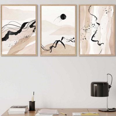 Artze Wall Art Set Of 3 Beige Black Abstract Mountain Contours Wall Art Prints / 42X59Cm (A2) / Oak Frame from B&Q