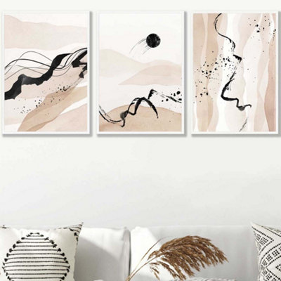 Artze Wall Art Set Of 3 Beige Black Abstract Mountain Contours Wall Art Prints / 50X70Cm / White Frame from B&Q