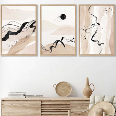 Artze Wall Art Set Of 3 Beige Black Abstract Mountain Contours Wall Art Prints / 50X70Cm / Oak Frame from B&Q