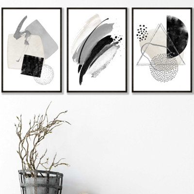 Artze Wall Art Set Of 3 Abstract Black Grey Ivory Watercolour Shapes Wall Art Prints / 30X42Cm (A3) / Black Frame from B&Q