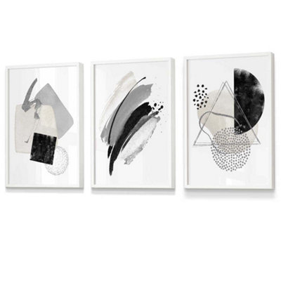 Artze Wall Art Set Of 3 Abstract Black Grey Ivory Watercolour Shapes Wall Art Prints / 30X42Cm (A3) / White Frame from B&Q