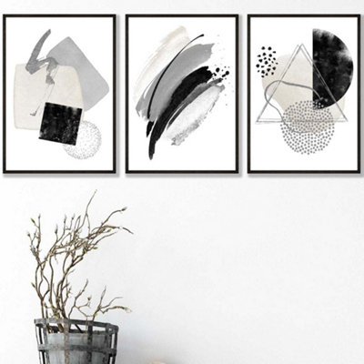 Artze Wall Art Set Of 3 Abstract Black Grey Ivory Watercolour Shapes Wall Art Prints / 42X59Cm (A2) / Black Frame from B&Q