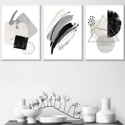 Artze Wall Art Set Of 3 Abstract Black Grey Ivory Watercolour Shapes Wall Art Prints / 42X59Cm (A2) / White Frame from B&Q