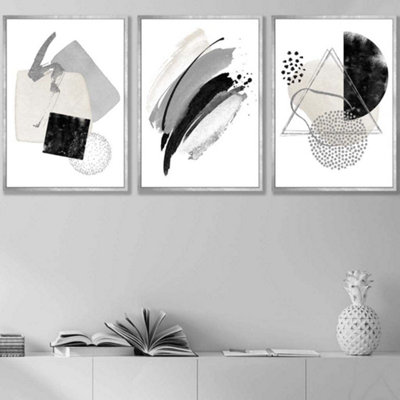 Artze Wall Art Set Of 3 Abstract Black Grey Ivory Watercolour Shapes Wall Art Prints / 42X59Cm (A2) / Silver Frame from B&Q