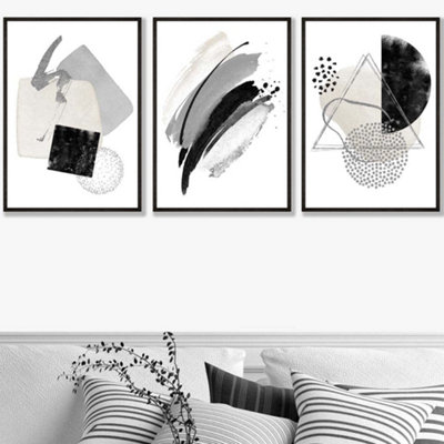 Artze Wall Art Set Of 3 Abstract Black Grey Ivory Watercolour Shapes Wall Art Prints / 50X70Cm / Black Frame from B&Q