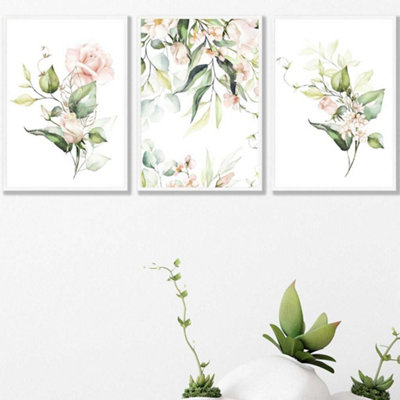 Artze Wall Art Set Of 3 Pink Watercolour Rose Bouquets Wall Art Prints / 42X59Cm (A2) / White Frame from B&Q