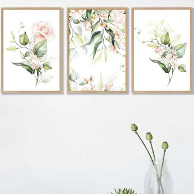 Artze Wall Art Set Of 3 Pink Watercolour Rose Bouquets Wall Art Prints / 42X59Cm (A2) / Oak Frame from B&Q