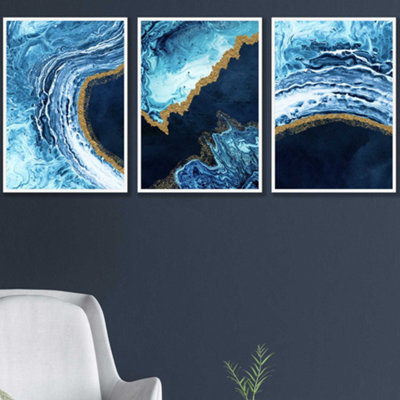 Artze Wall Art Set Of 3 Abstract NavyBlue And Gold Oceans Wall Art Prints / 42X59Cm (A2) / White Frame from B&Q