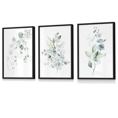 Artze Wall Art Set Of 3 Green Blue Watercolour Eucalyptus Set 3 Wall Art Prints / 30X42Cm (A3) / Black Frame from B&Q