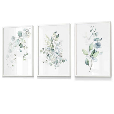 Artze Wall Art Set Of 3 Green Blue Watercolour Eucalyptus Set 3 Wall Art Prints / 30X42Cm (A3) / White Frame from B&Q