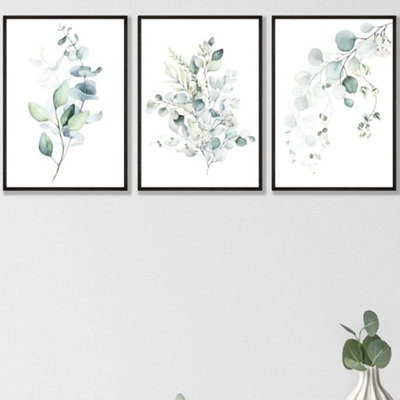 Artze Wall Art Set Of 3 Green Blue Watercolour Eucalyptus Set 3 Wall Art Prints / 42X59Cm (A2) / Black Frame from B&Q
