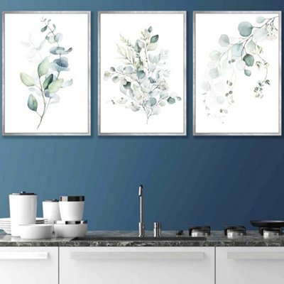 Artze Wall Art Set Of 3 Green Blue Watercolour Eucalyptus Set 3 Wall Art Prints / 42X59Cm (A2) / Silver Frame from B&Q