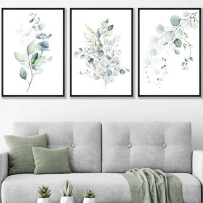 Artze Wall Art Set Of 3 Green Blue Watercolour Eucalyptus Set 3 Wall Art Prints / 50X70Cm / Black Frame from B&Q