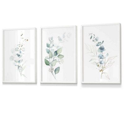 Artze Wall Art Set Of 3 Green Blue Watercolour Eucalyptus Set 2 Wall Art Prints / 30X42Cm (A3) / White Frame from B&Q