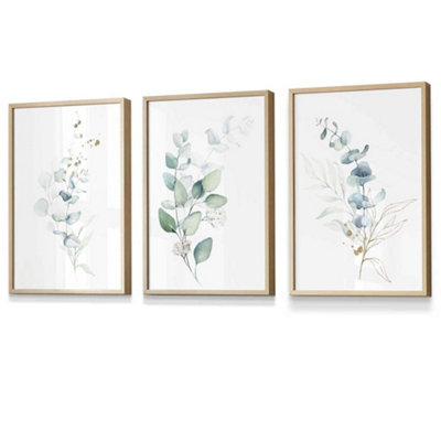 Artze Wall Art Set Of 3 Green Blue Watercolour Eucalyptus Set 2 Wall Art Prints / 30X42Cm (A3) / Oak Frame from B&Q