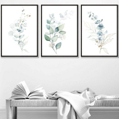 Artze Wall Art Set Of 3 Green Blue Watercolour Eucalyptus Set 2 Wall Art Prints / 42X59Cm (A2) / Black Frame from B&Q