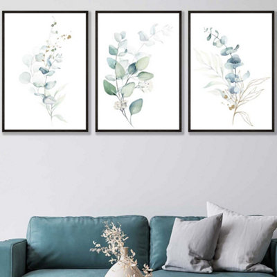 Artze Wall Art Set Of 3 Green Blue Watercolour Eucalyptus Set 2 Wall Art Prints / 50X70Cm / Black Frame from B&Q