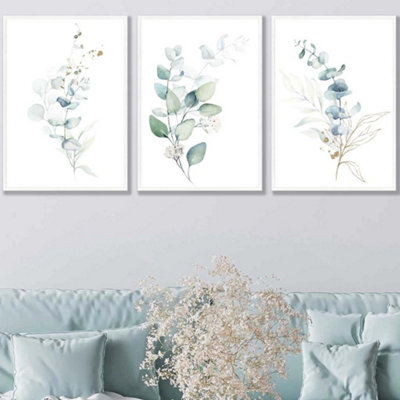 Artze Wall Art Set Of 3 Green Blue Watercolour Eucalyptus Set 2 Wall Art Prints / 50X70Cm / White Frame from B&Q