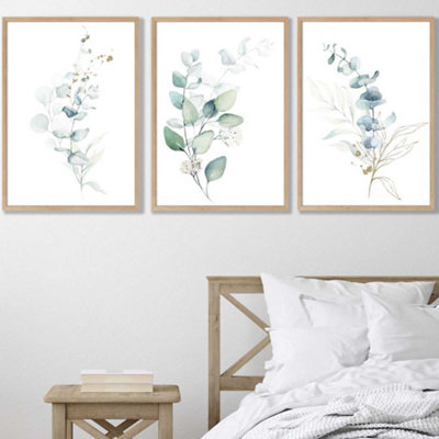 Artze Wall Art Set Of 3 Green Blue Watercolour Eucalyptus Set 2 Wall Art Prints / 50X70Cm / Oak Frame from B&Q