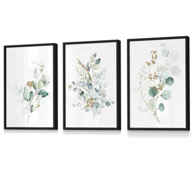 Artze Wall Art Set Of 3 Green Blue Watercolour Eucalyptus Set 1 Wall Art Prints / 30X42Cm (A3) / Black Frame from B&Q