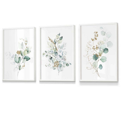 Artze Wall Art Set Of 3 Green Blue Watercolour Eucalyptus Set 1 Wall Art Prints / 30X42Cm (A3) / White Frame from B&Q