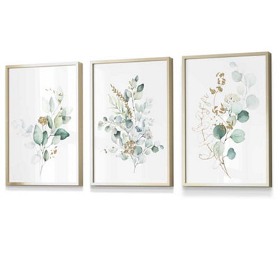 Artze Wall Art Set Of 3 Green Blue Watercolour Eucalyptus Set 1 Wall Art Prints / 30X42Cm (A3) / Gold Frame from B&Q