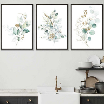 Artze Wall Art Set Of 3 Green Blue Watercolour Eucalyptus Set 1 Wall Art Prints / 42X59Cm (A2) / Black Frame from B&Q