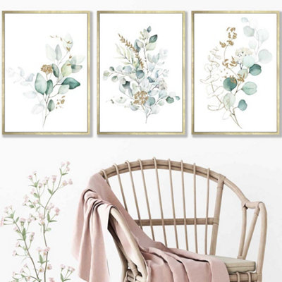 Artze Wall Art Set Of 3 Green Blue Watercolour Eucalyptus Set 1 Wall Art Prints / 42X59Cm (A2) / Gold Frame from B&Q