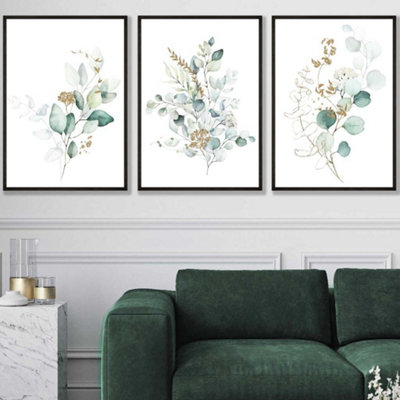 Artze Wall Art Set Of 3 Green Blue Watercolour Eucalyptus Set 1 Wall Art Prints / 50X70Cm / Black Frame from B&Q