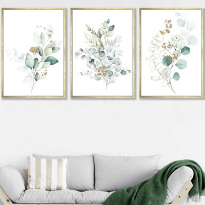 Artze Wall Art Set Of 3 Green Blue Watercolour Eucalyptus Set 1 Wall Art Prints / 50X70Cm / Gold Frame from B&Q