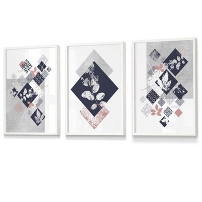 Artze Wall Art Set Of 3 Graphical Abstract Floral Blue Grey Wall Art Prints / 30X42Cm (A3) / White Frame from B&Q