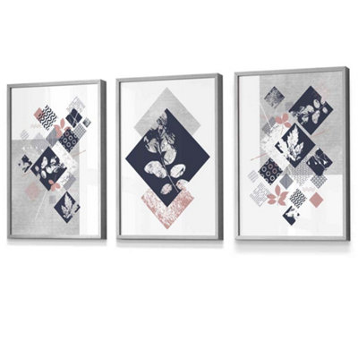 Artze Wall Art Set Of 3 Graphical Abstract Floral Blue Grey Wall Art Prints / 30X42Cm (A3) / Light Grey Frame from B&Q