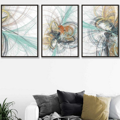 Artze Wall Art Set Of 3 Abstract Green Yellow Grey Mixed Media Fractal Wall Art Prints / 42X59Cm (A2) / Black Frame from B&Q