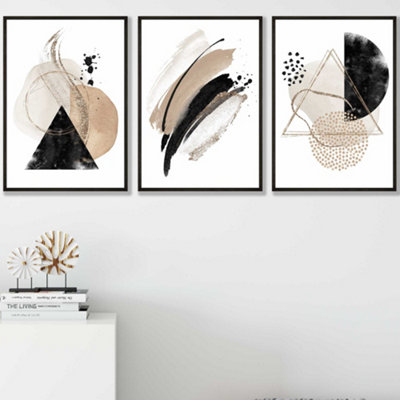 Artze Wall Art Set Of 3 Abstract Black Beige Watercolour Shapes Wall Art Prints / 30X42Cm (A3) / Black Frame from B&Q