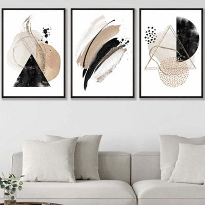 Artze Wall Art Set Of 3 Abstract Black Beige Watercolour Shapes Wall Art Prints / 50X70Cm / Black Frame from B&Q