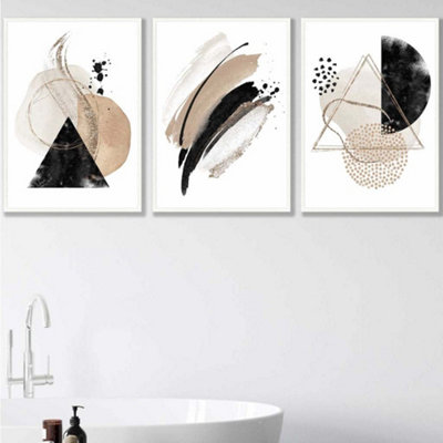 Artze Wall Art Set Of 3 Abstract Black Beige Watercolour Shapes Wall Art Prints / 50X70Cm / White Frame from B&Q