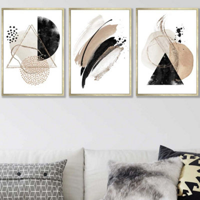 Artze Wall Art Set Of 3 Abstract Black Beige Watercolour Shapes Wall Art Prints / 50X70Cm / Gold Frame from B&Q