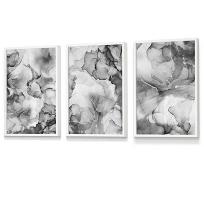 Artze Wall Art Set Of 3 Abstract Floral Fluid In Grey Wall Art Prints / 30X42Cm (A3) / White Frame from B&Q